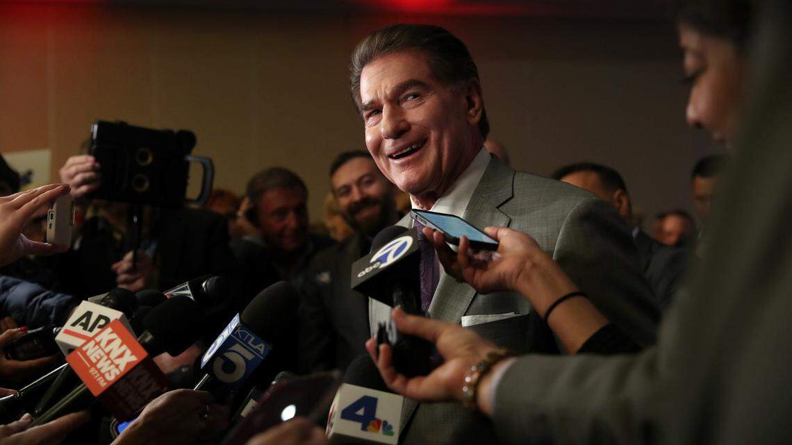 Steve Garvey, Republican candidate for the California U.S. Senate, speaks to the media during his election night watch party in Palm Desert on Super Tuesda., March 5, 2024.