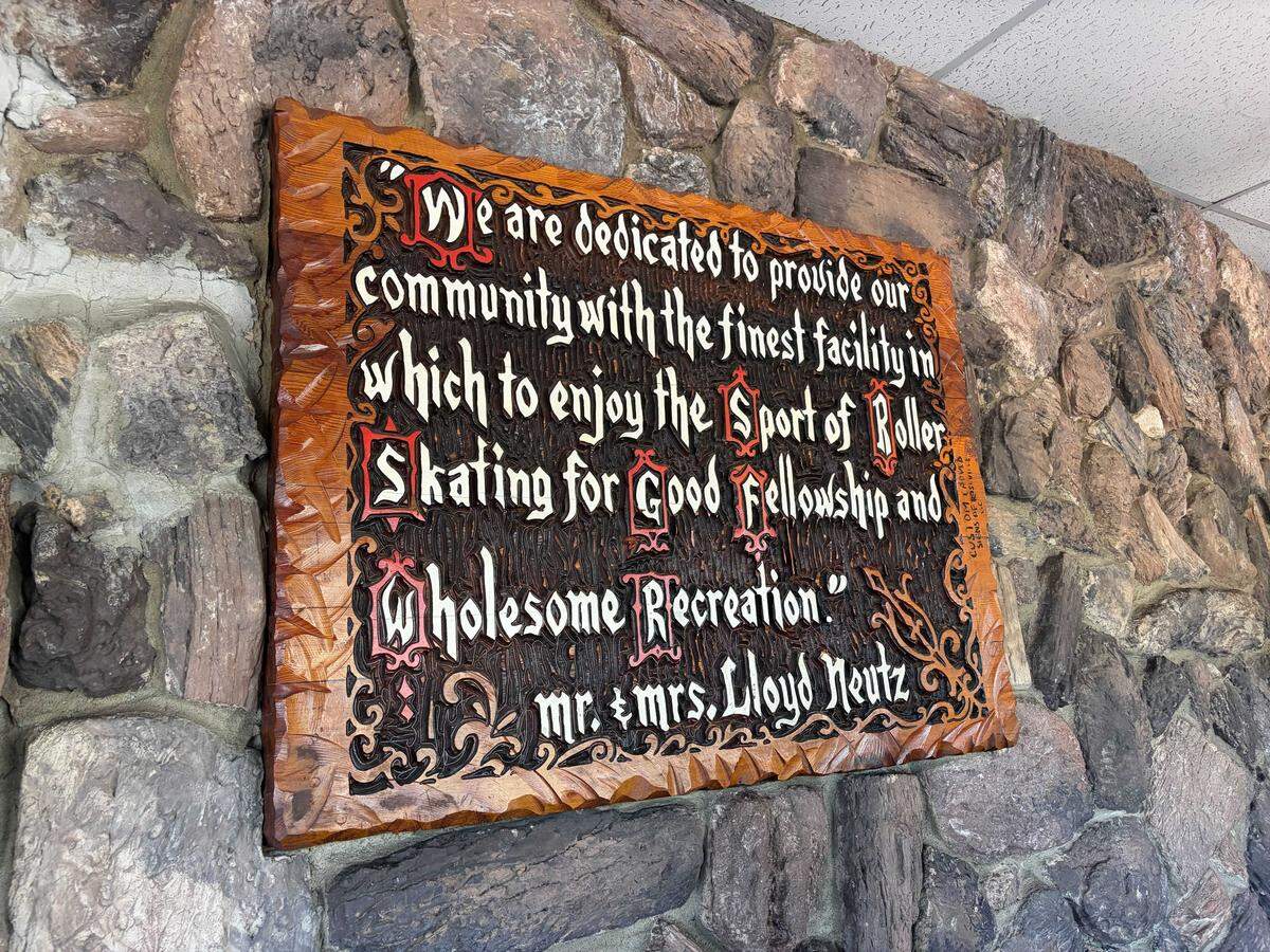 A sign hangs in Sunrise Rollerland's lobby on Sunday, March 15, 2026. Located in Citrus Heights, Sunrise Rollerland has been owned and operated by the Neutz family for over 50 years.