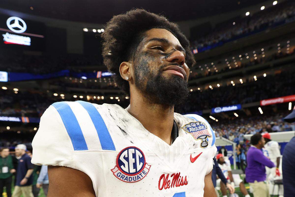 Wide receiver De'Zhaun Stribling of the Ole Miss Rebels looks on after defeating the Georgia Bulldogs during the 2025 College Football Playoff Quarterfinal at the Allstate Sugar Bowl at Caesars Superdome on Jan. 1, 2026 in New Orleans.