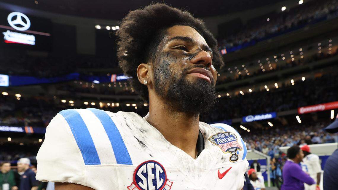 Wide receiver De'Zhaun Stribling of Ole Miss looks on after defeating the Georgia Bulldogs during the 2025 College Football Playoff Quarterfinal on Jan. 1, 2026 in New Orleans. He’s now a 49er.