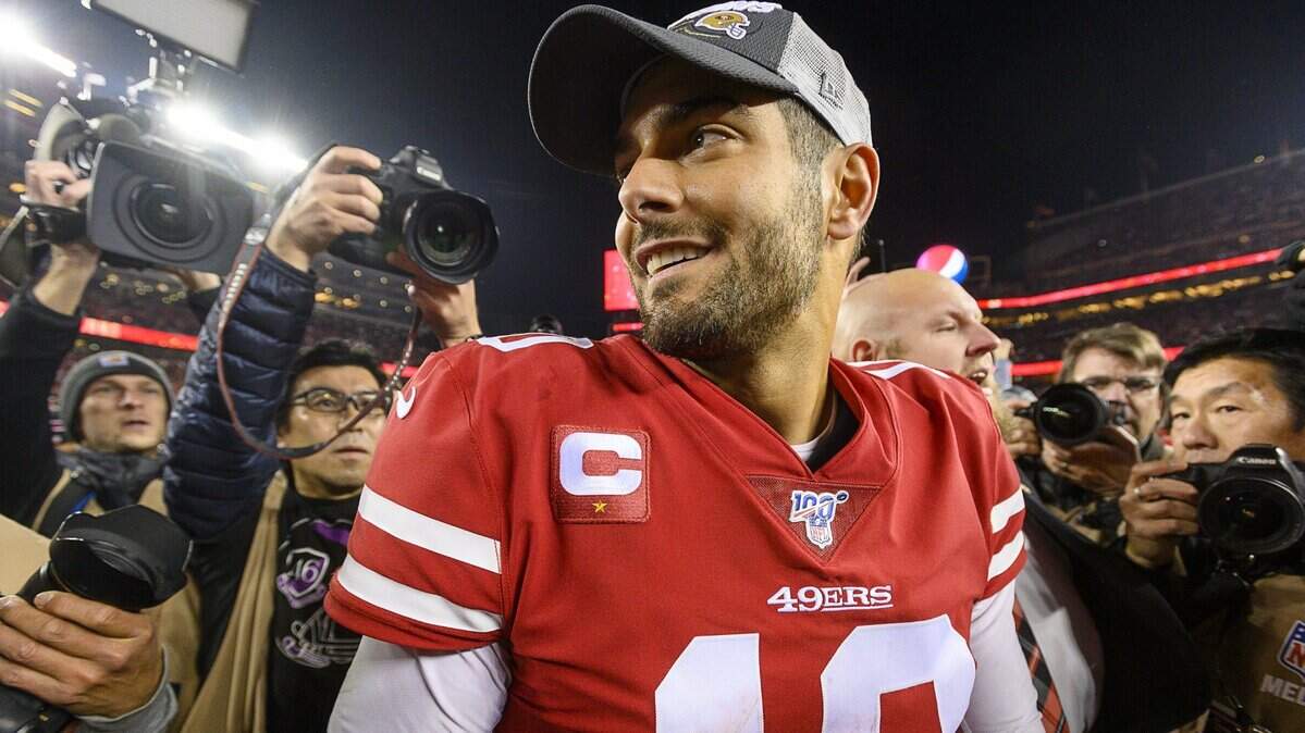 San Francisco 49ers quarterback Jimmy Garoppolo (10) celebrates winning the NFC Championship game against the Green Bay Packers at the Levi’s Stadium on Sunday, Jan. 19, 2020, in Santa Clara.
