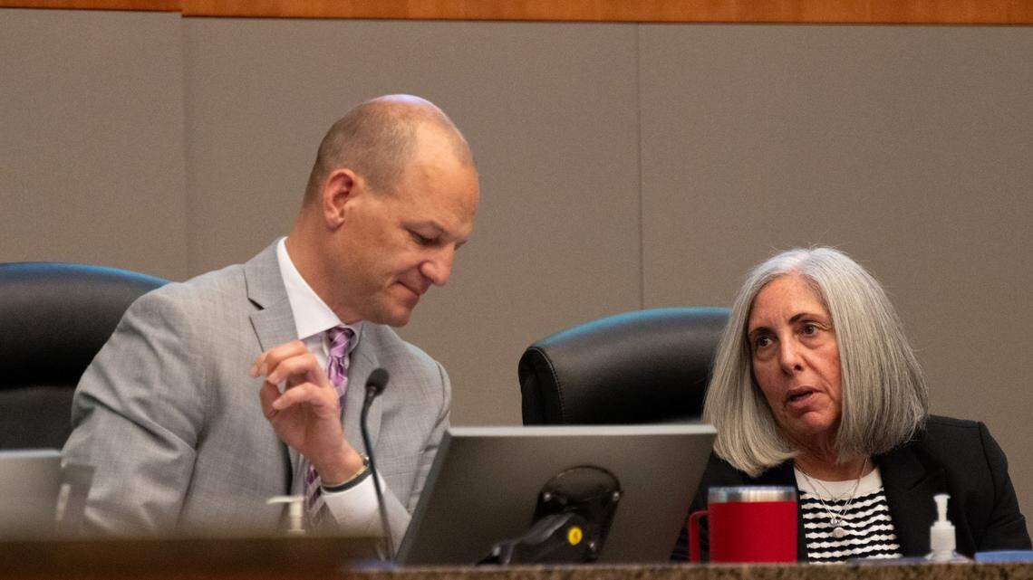 Sacramento interim City Manager Leyne Milstein speaks to Mayor Kevin McCarty during a meeting at City Hall in February.