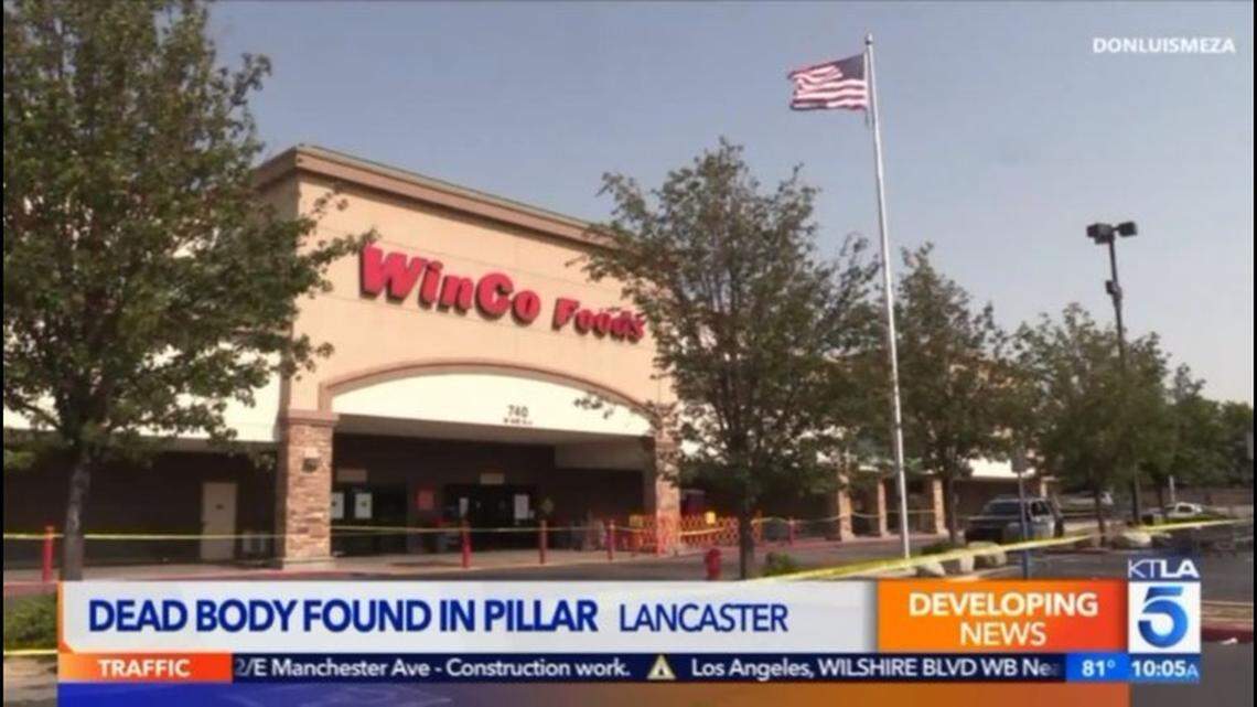 A foul odor led Lancaster, California, police to a body inside a hollow stone pillar outside a WinCo store, officers said. He may have been a man who earlier fled from police onto the store’s roof.