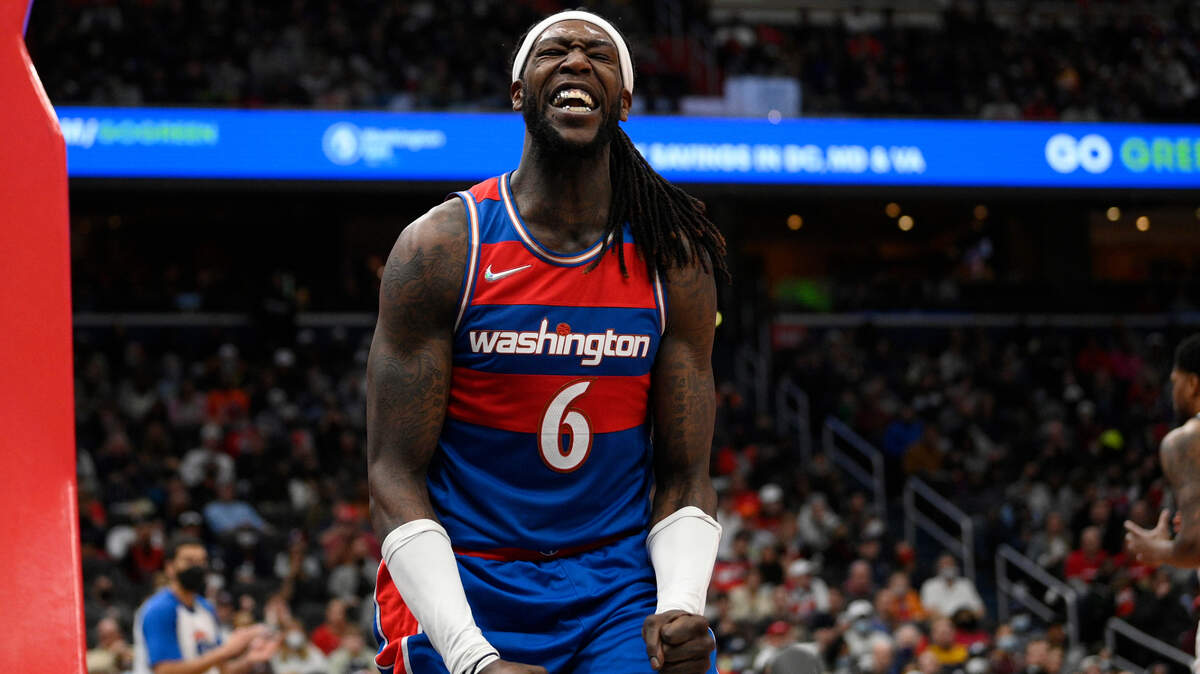 Washington Wizards center Montrezl Harrell (6) reacts during the second half of an NBA basketball game against the Utah Jazz, Saturday, Dec. 11, 2021, in Washington. The Jazz won 123-98. (AP Photo/Nick Wass)
