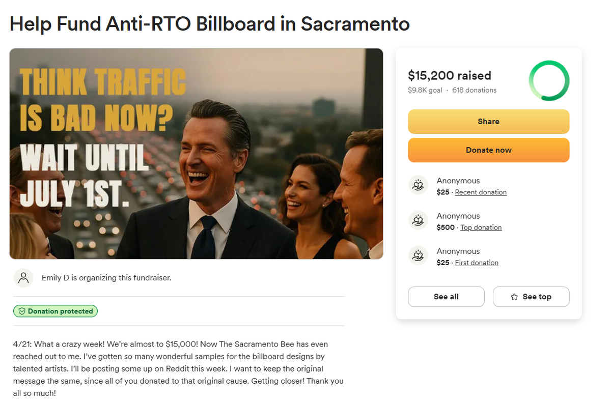 State workers have raised $15,000 for a billboard blaming Gov. Gavin Newsom for traffic congestion.