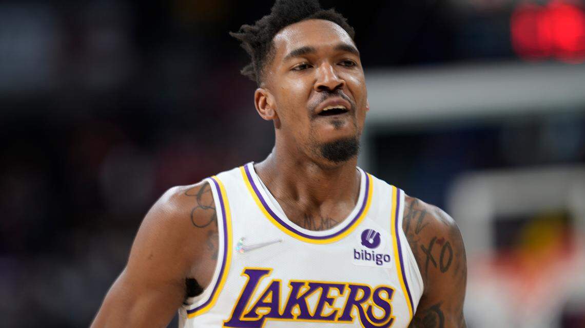Los Angeles Lakers guard Malik Monk in the second half of an basketball game Sunday, April 10, 2022, in Denver. (AP Photo/David Zalubowski)