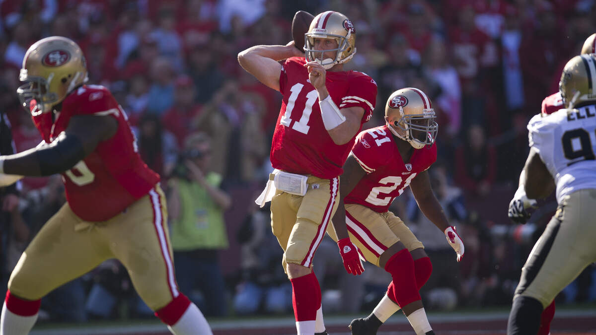 San Francisco 49ers quarterback Alex Smith (11) throws pass in the first half against the New Orleans Saints in the NFC division playoff game at Candlestick Park in San Francisco, Calif., January 14, 2012
