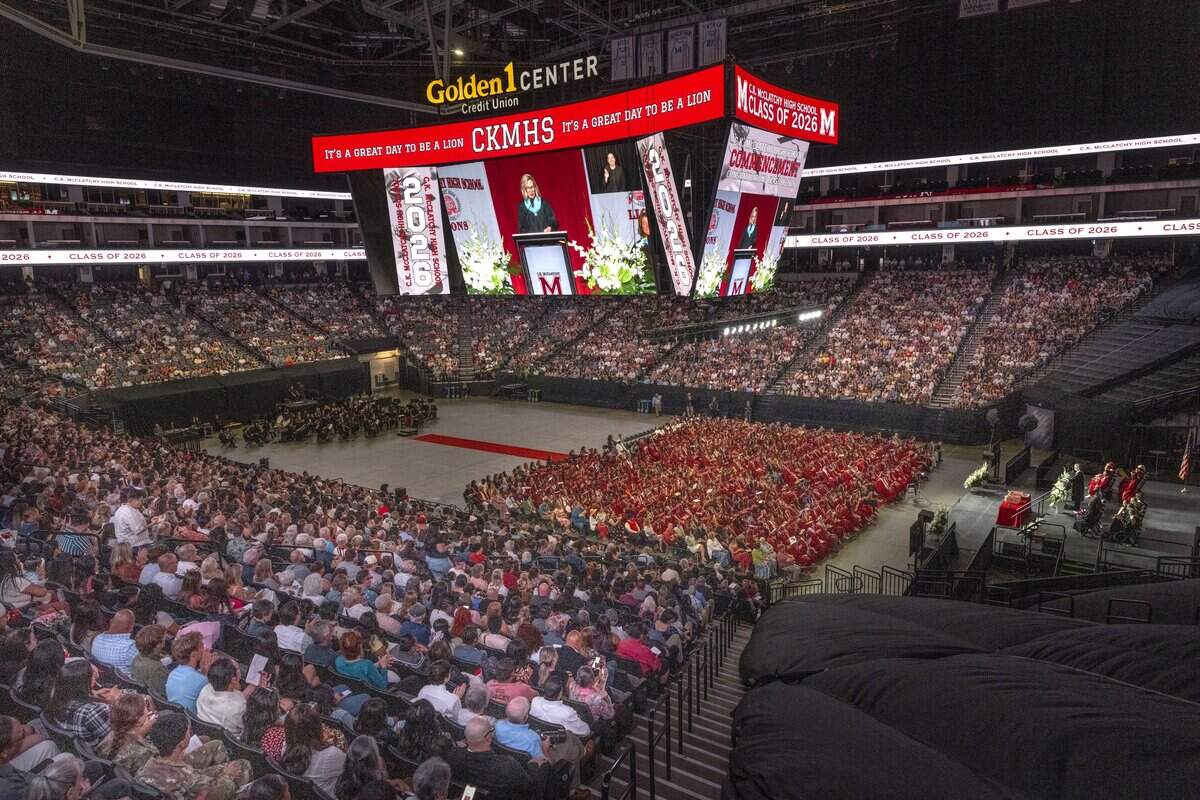 C.K. McClatchy High School Principal Andrea Egan speaks to students as they participate in the first graduation ceremony for Sacramento City Unified School District at Golden 1 Center on Monday, June 8, 2026.