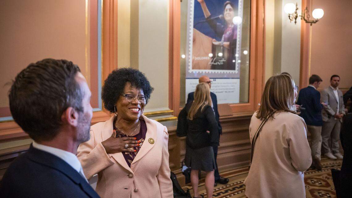 Assemblywoman Tina McKinnor, D-Inglewood, smiles in the rotunda at the state Capitol in 2023. 