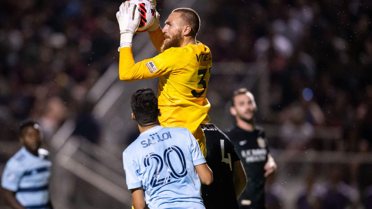 Sacramento Republic FC goalkeeper Danny Vitiello plucks the ball out of the air against Sporting Kansas City during the second half of the U.S. Open Cup semifinal soccer game at Heart Health Park on Wednesday, July 27, 2022, in Sacramento. Sacramento ended up beating Kansas City in penalty kicks to advance to the final game.