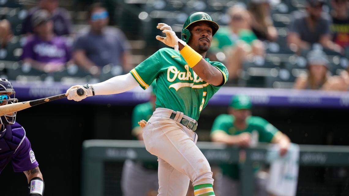 Oakland Athletics second baseman Tony Kemp (5) in the seventh inning of a baseball game Sunday, June 6, 2021, in Denver. (AP Photo/David Zalubowski)