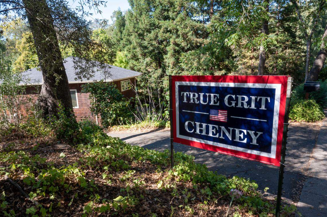 A “True Grit Cheney” yard sign stands in Fair Oaks on Wednesday, signaling support for Wyoming Republican Rep. Liz Cheney, who lost a primary challenge to a Donald Trump-backed candidate in August after leading the House committee investigating the Jan. 6, 2020, insurrection.
