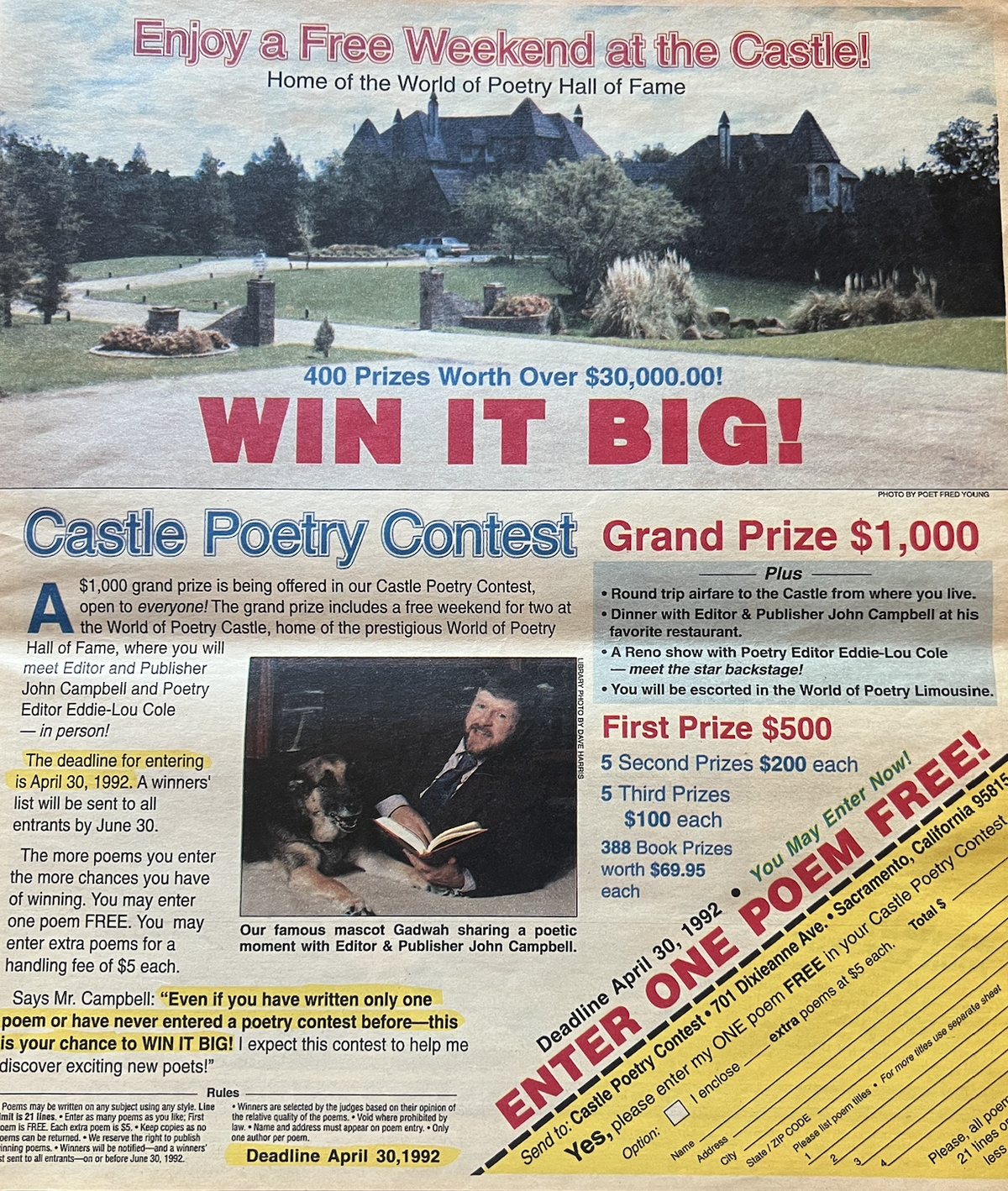A 1992 advertisement for an event at The Loomis Castle.