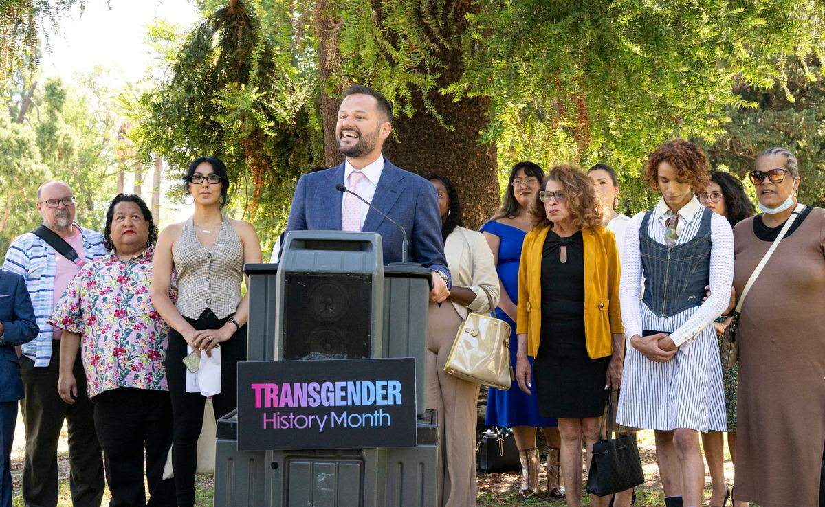 Assemblyman Matt Haney, D-San Francisco, speaks at the state Capitol on Wednesday, Sept. 6, 2023, about his resolution to declare the month of August as Transgender History Month.
