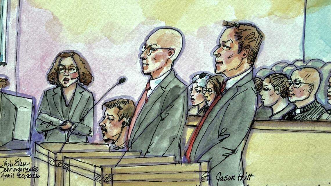 Jason Hitt, right, a prosecutor with the U.S. Attorney’s Office, stands near defense attorney David Harshaw, center, as a translator assists Carlos Ivan Mendoza Hernandez during a hearing before U.S. District Judge Dale Drozd in Sacramento federal court on Monday, April 20, 2026, with family members seated in the background. Drozd ordered Mendoza Hernandez to remain in custody pending trial on a charge of assaulting a federal officer with a deadly weapon.