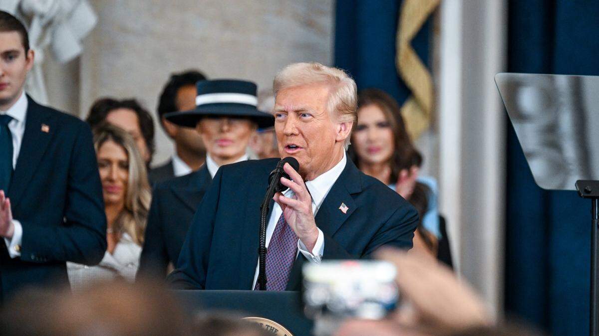 Jan 20, 2025; Washington, DC, USA; President-elect Donald J. Trump speaks after being sworn in during the ceremony for the inauguration of Donald Trump as the 47th president of the United States takes place inside the Capitol Rotunda of the U.S. Capitol building in Washington, D.C., Monday, January 20, 2025. It is the 60th U.S. presidential inauguration and the second non-consecutive inauguration of Trump as U.S. president. Mandatory Credit: Kenny Holston-Pool via Imagn Images