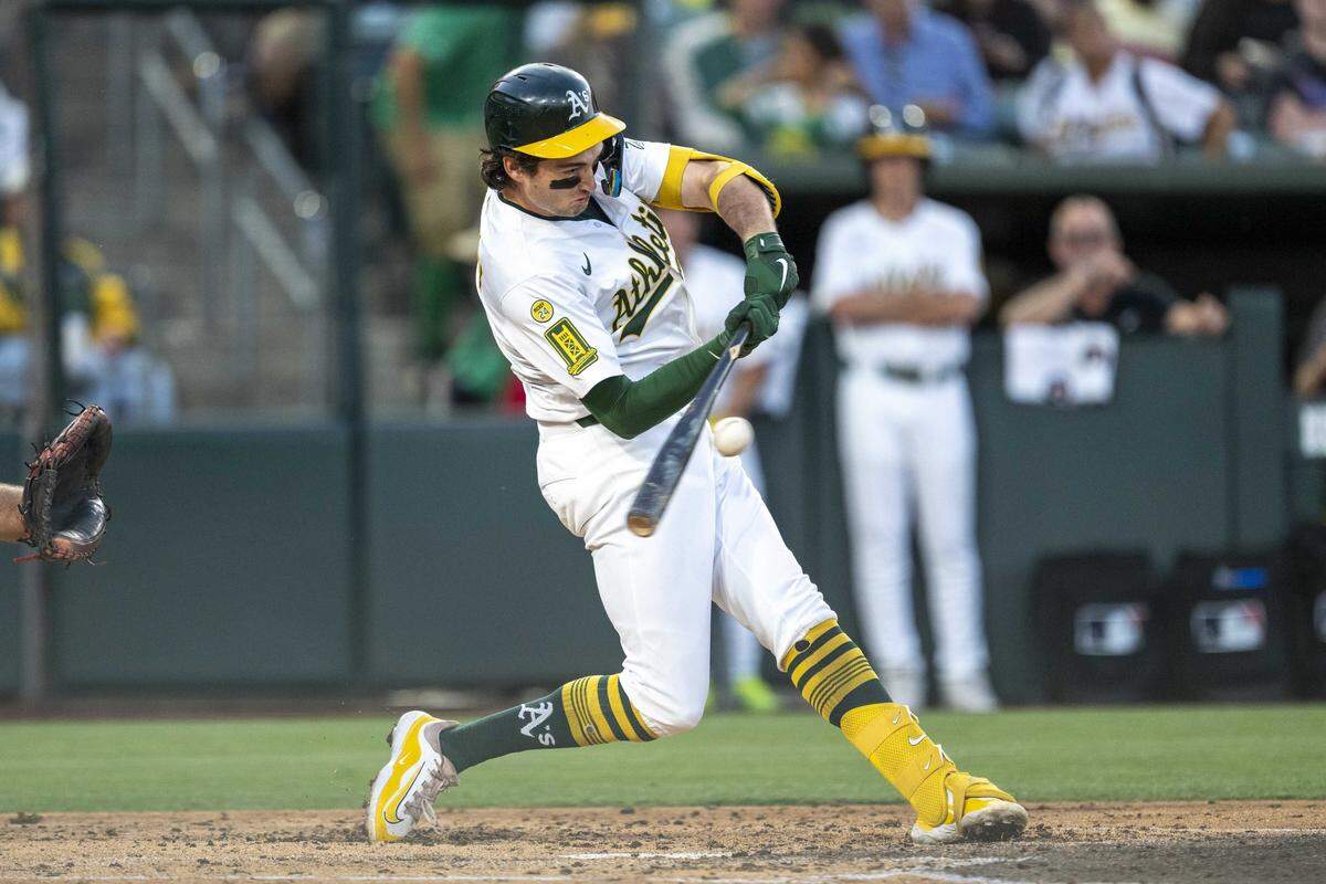 Athletics shortstop Jacob Wilson (5) swings at a pitch during a June 20 game against the Cleveland Guardians at Sutter Health Park. Wilson batted .311 with 151 hits in 125 games last season and finished second in American League Rookie of the Year voting.
