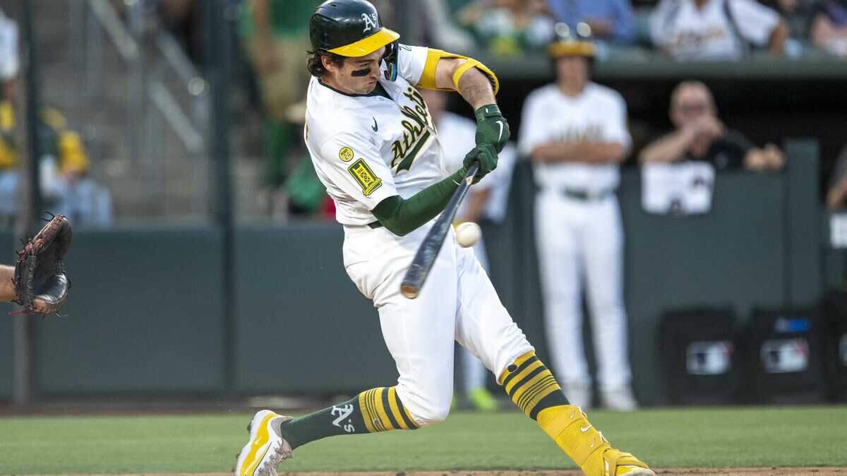 Athletics shortstop Jacob Wilson swings at a pitch during a June 20, 2025, game against the Cleveland Guardians at Sutter Health Park. Wilson was reinstated from the 10-day injured list on Tuesday.