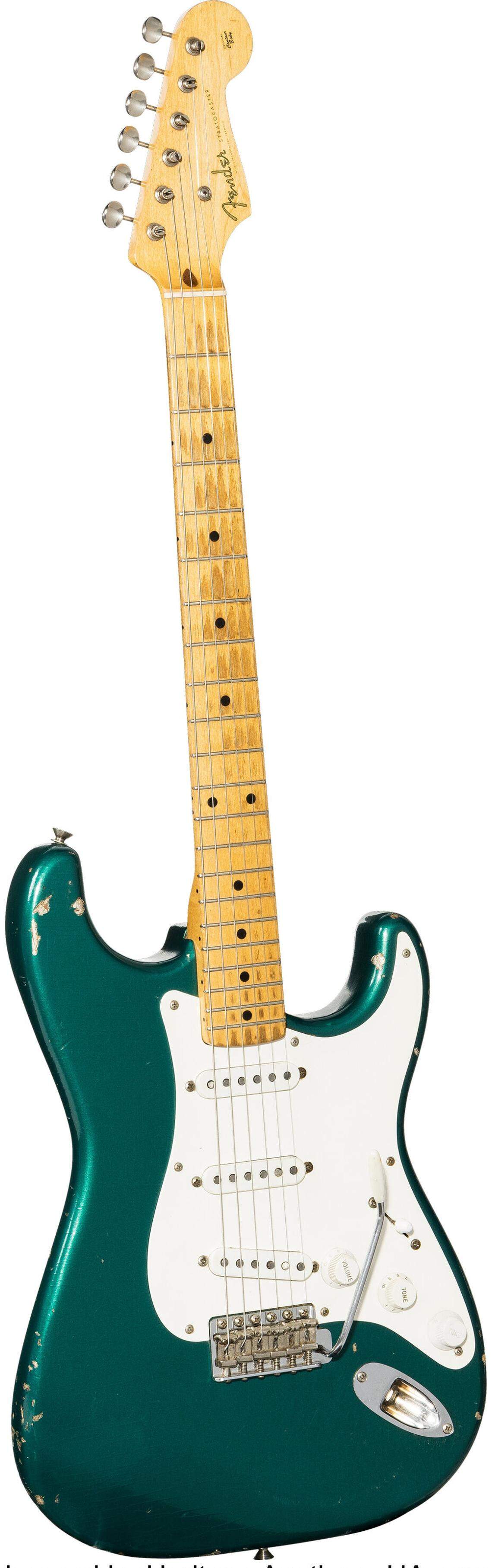 A&nbsp;rare 1955 Fender Stratocaster metallic green solid body electric guitar, one of only a few examples documented from a period when custom colors were hard to come by.