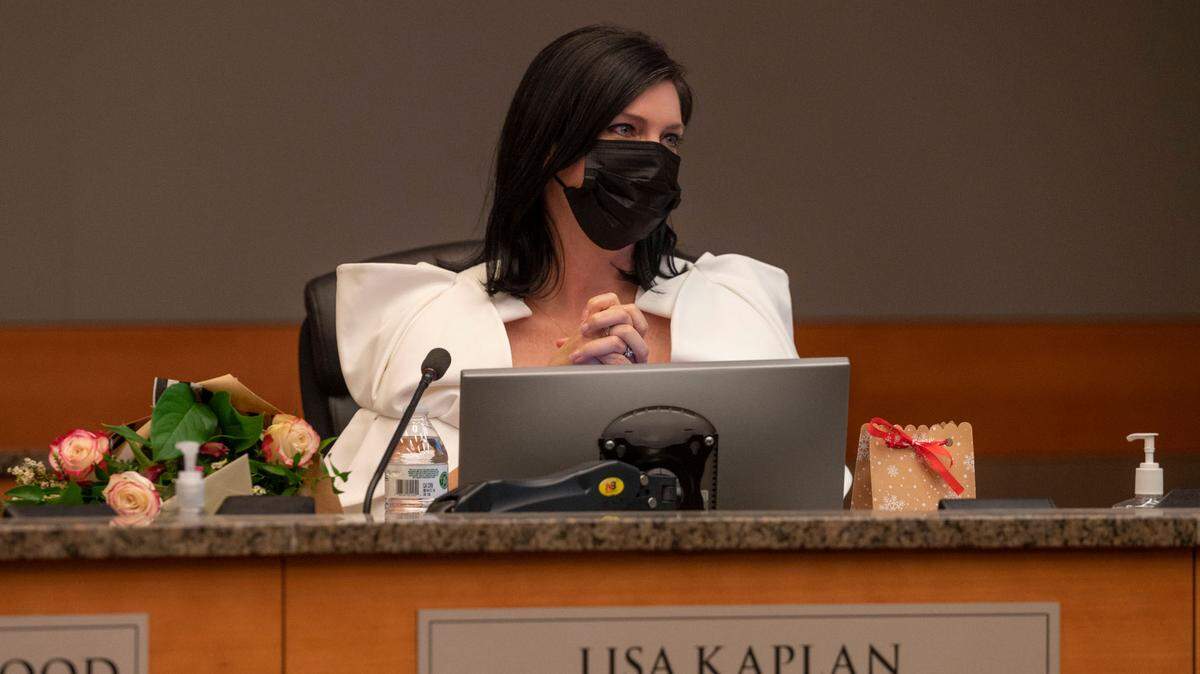Lisa Kaplan sits at the dais on her first day as a Sacramento City Council member after being sworn in along with other newly elected members Tuesday, Dec. 13, 2022.