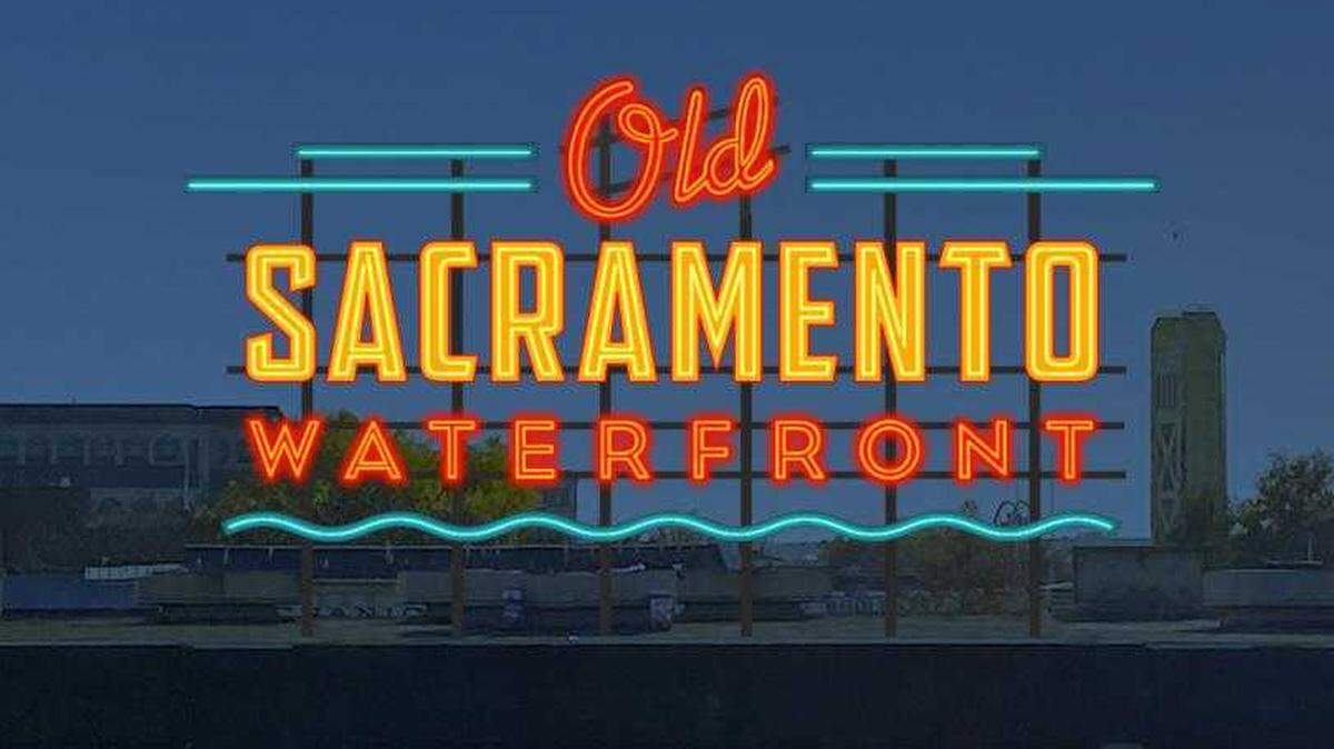 A new landmark sign for the Old Sacramento Waterfront is seen in a rendering provided by the Sacramento Convention & Visitors Bureau. The sign will light up for the first time on Wednesday, June 22, 2022.