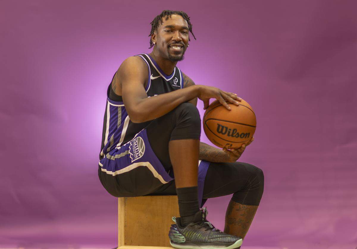 Sacramento Kings guard Malik Monk (0) during media day at Golden 1 Center on Monday, Sept. 29, 2025.