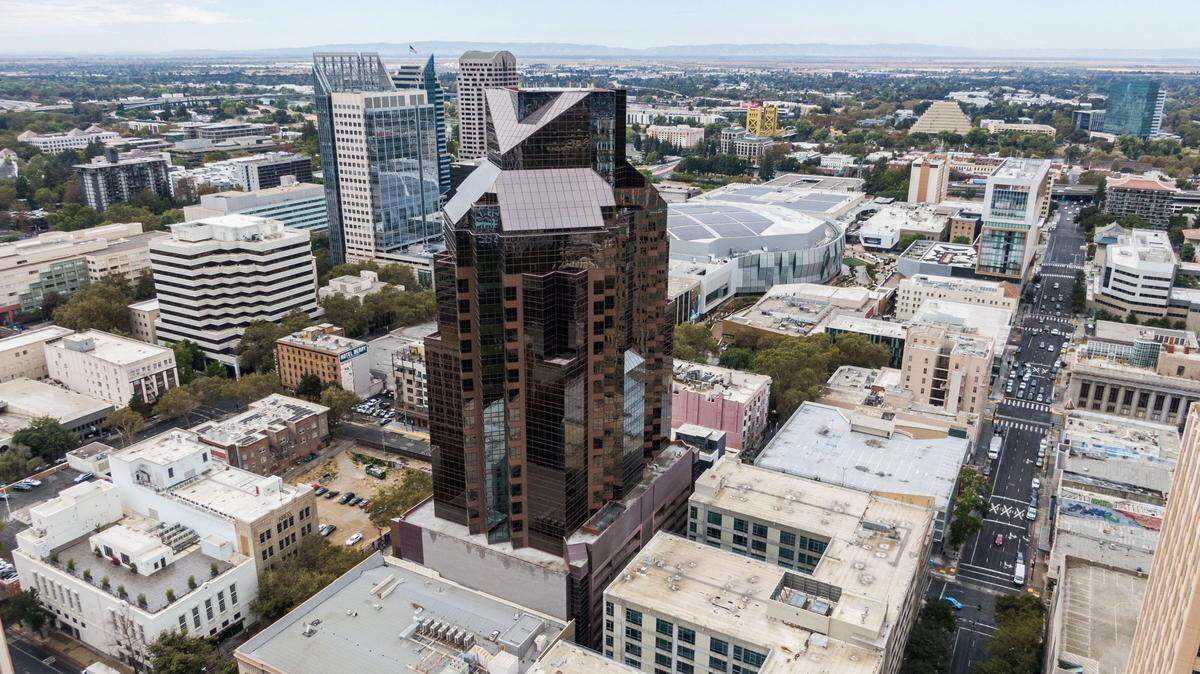 The Renaissance Tower looms near Sacramento’s other tall buildings in a drone image from Tuesday. The city’s tallest buildings, the US Bank Tower and the Wells Fargo Center, stand in the distance.