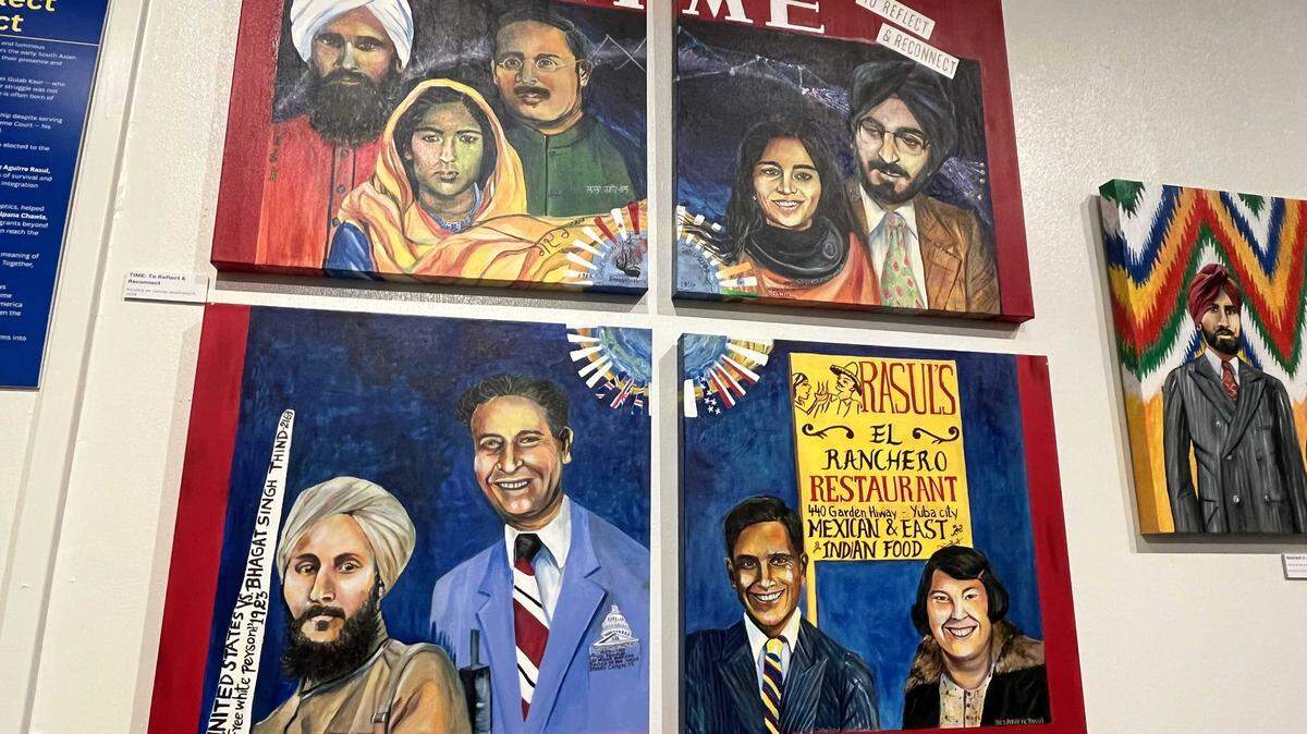 A four-panel display of Punjabi pioneers as Time Magazine cover models hangs in the “Beyond the Five Rivers: Punjabi Pioneers Through the Art of Sarabjit Singh” exhibit at the Sutter County Museum. The temporary exhibit runs through May 9.