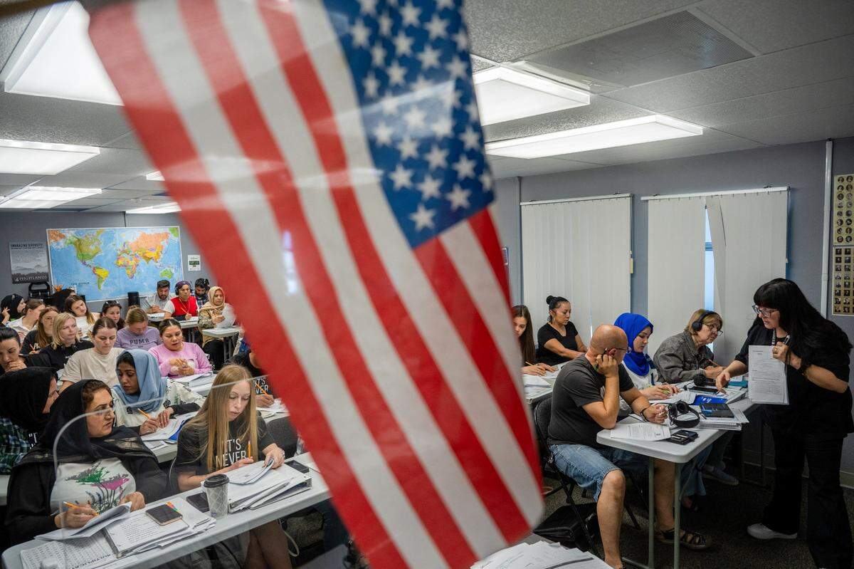 Svetlana Brunner, far right, teaches Level 2 English to refugees in a packed ESL class at Highlands Community Charter and Technical School’s Grand Avenue campus in Sacramento last month. “The impact of closing our school is going to be devastating for thousands of our students,” said Brunner, who has been teaching for more than three years. “People tell us ‘Send them to a college, send them to other adult schools’ but there is no capacity for 10,000 of our students.”