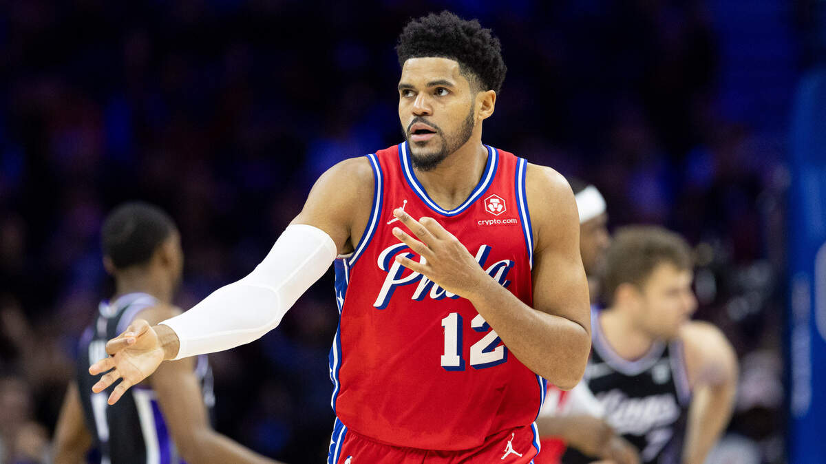 Philadelphia 76ers forward Tobias Harris (12) reacts to his 3-pointer against the Sacramento Kings on Friday at Wells Fargo Center in Philadelphia.