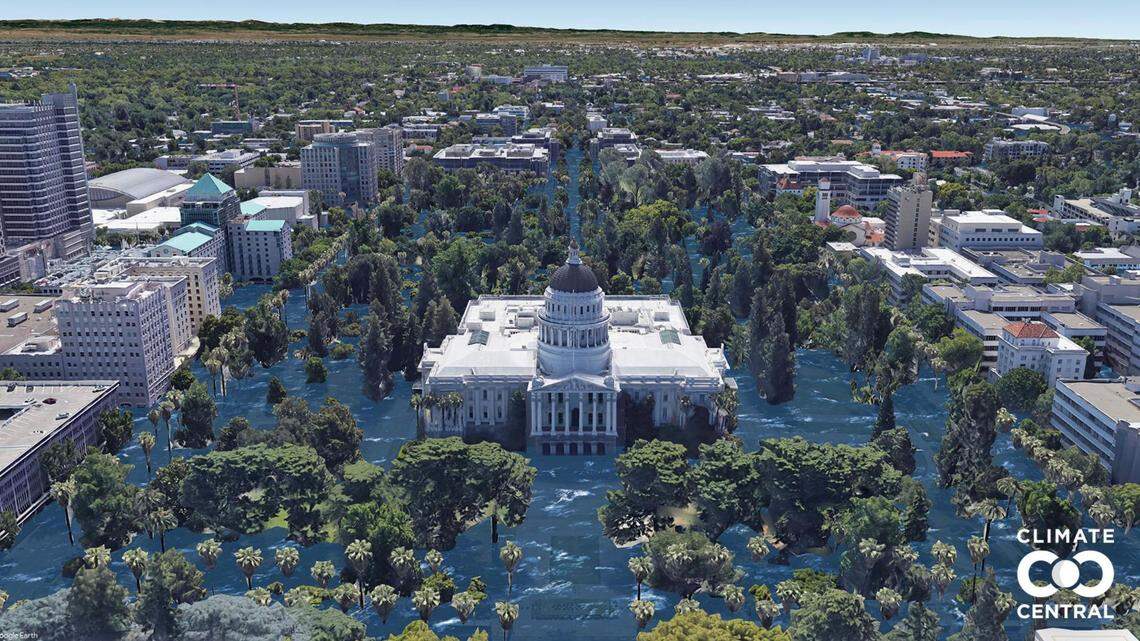 A visualization from Climate Central shows a projected sea level compared to buildings in downtown Sacramento if current carbon emissions remain unchanged, resulting in a global warming of 3 degrees Celsius (5 degrees Fahrenheit). The visualization does not account for current levee protections.