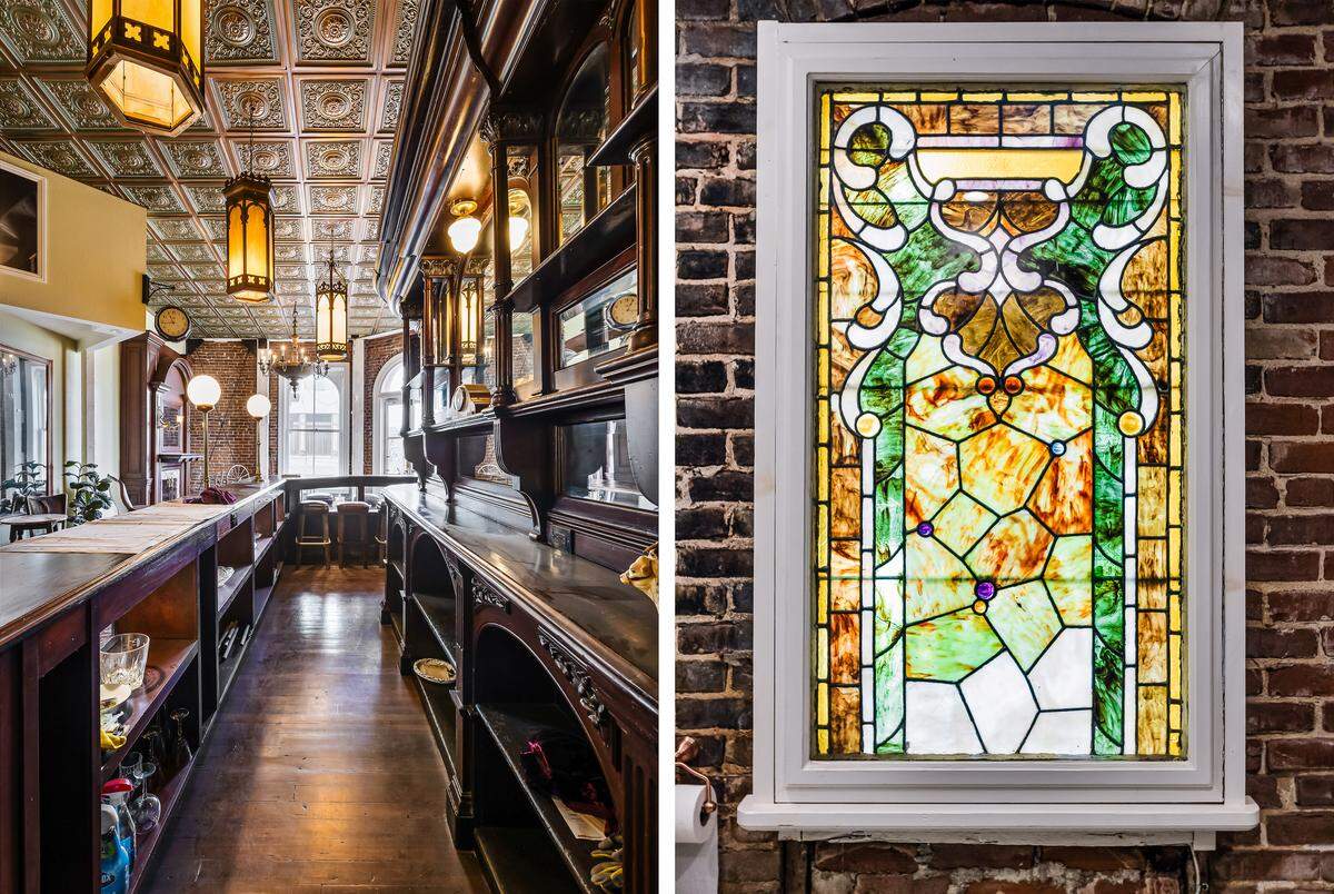 A massive mahogany bar, salvaged from the old British Bankers Club in Menlo Park anchors a room. Tiffany glass is believed to adorn the building.