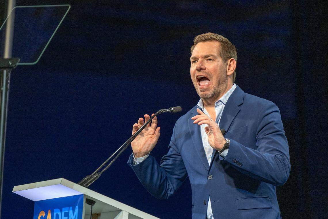 U.S. Rep. Eric Swalwell, a candidate for governor, addresses the crowd on Saturday at the California Democratic Party state convention in San Francisco. Swalwell claimed 24% of delegate votes in the race, the highest amount, which was far short of the 60% needed to secure the party endorsement. 