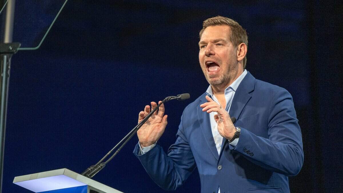 Eric Swalwell, candidate for governor, addresses the crowd on Saturday, February 21, 2026, at the California Democratic Party state convention in San Francisco.