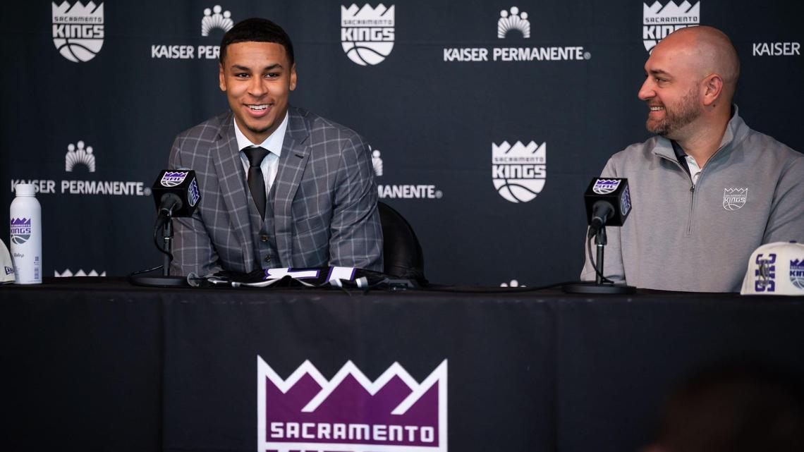 Sacramento Kings first-round draft pick Keegan Murray, left, a power forward out of the University of Iowa, is introduced by Kings general manager Monte McNair during a news conference Saturday, June 25, 2022, at Golden 1 Center in Sacramento.