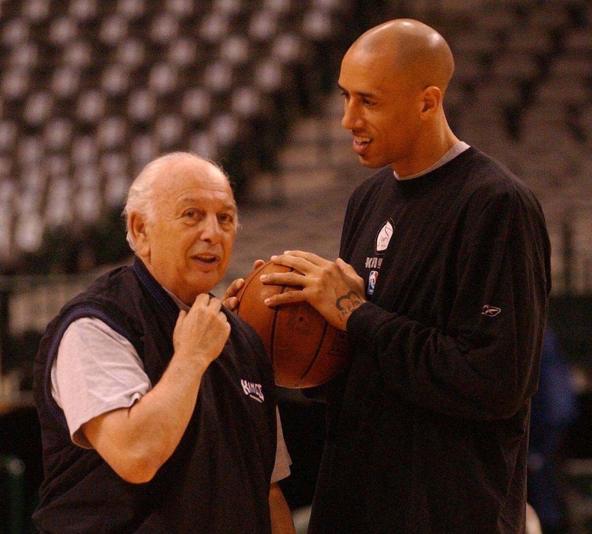 Sacramento Kings special assistant Pete Carril talks with Kings guard Doug Christie before the start of practice on Wednesday, May, 7, 2003, at the American Airlines Center in Dallas, the day before the team faced the Mavericks in Game 2 of the Western Conference Semifinals.