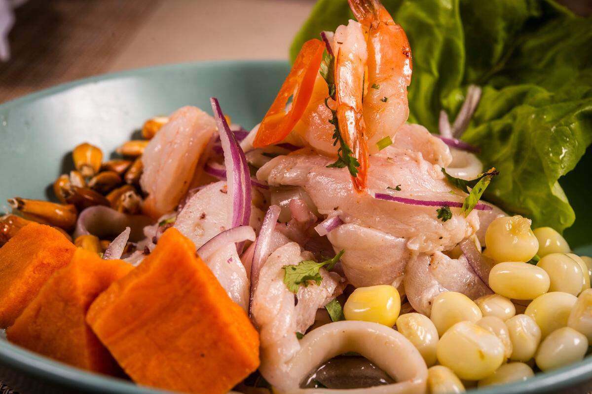 Ceviche Máncora with shrimp, calamari, octopus in lime juice and corn is one of four kinds of ceviche showcased at Chicha Peruvian Kitchen in Roseville.