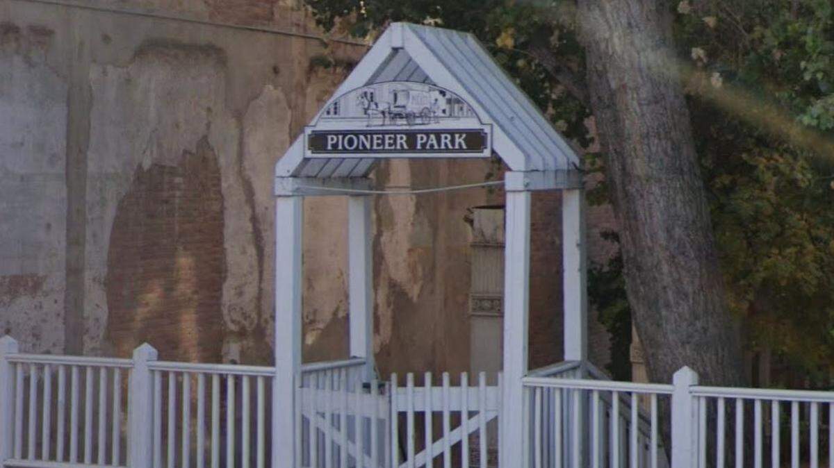 The sign for Old Sacramento’s Pioneer Park appears in a 2022 Google Street View image. Sacramento City Council will Tuesday consider changing the name of the park to Mary Gregory Park.
