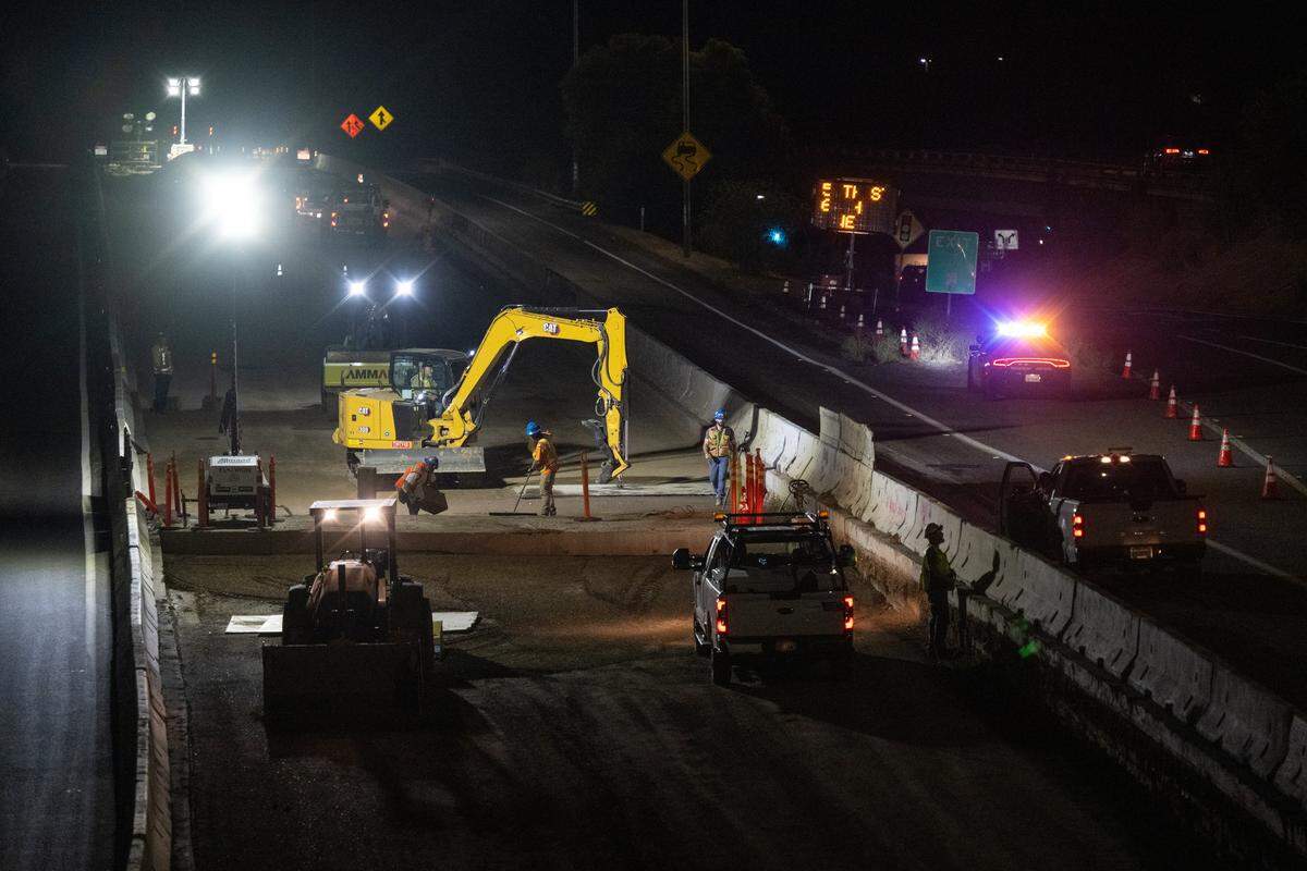 Vehicles drive on Highway 50 during construction lane closures as crews work on Highway 50 in June. 