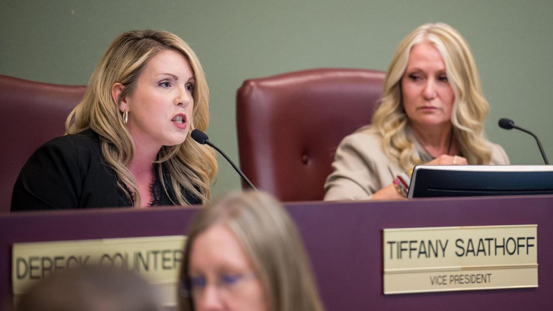 Rocklin Unified School District Board Member Tiffany Saathoff, left, speaks during a Board meeting Wednesday, Sept. 6, 2023, in support of a policy requiring schools to violate state law by “outing” transgender students to their parents. “I have had parents, I have had teachers, I have had staff members request this policy,” she said. “The data is quite clear: involved, caring parents matter,” she added, rhetorically. Board President Julie Hupp, right, elaborated on the policy, which would require staff to notify families within days of a student’s choosing to be identified as any name, nickname, or gender that does not match enrollment records or is not a “common” nickname recognized by the school.