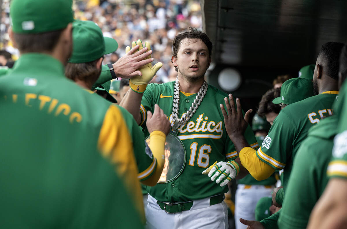 Athletics hitter Nick Kurtz celebrates with teammates after hitting a solo home run off New York Yankees pitcher Carlos Rodón in the bottom of the first inning on May 29 at Sutter Health Park in West Sacramento. He has continued to mash the ball in June, vaulting himself in MVP contention.