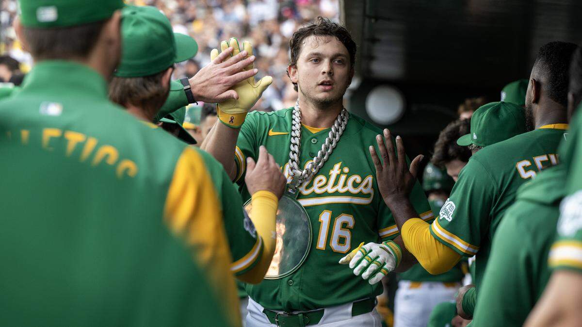 Athletics hitter Nick Kurtz celebrates with teammates after hitting a solo home run in the bottom of the first inning last Friday at Sutter Health Park. Kurtz was named May Player of the Month on Wednesday, launching him into the American League MVP race.