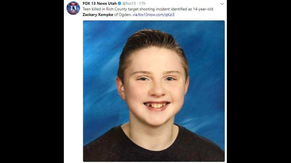 Zackary Kempke, 14, died Sunday after a stray bullet fired by nearby target shooters hit him in the head as he rode in a passing car, Utah police say. The teen died instantly.