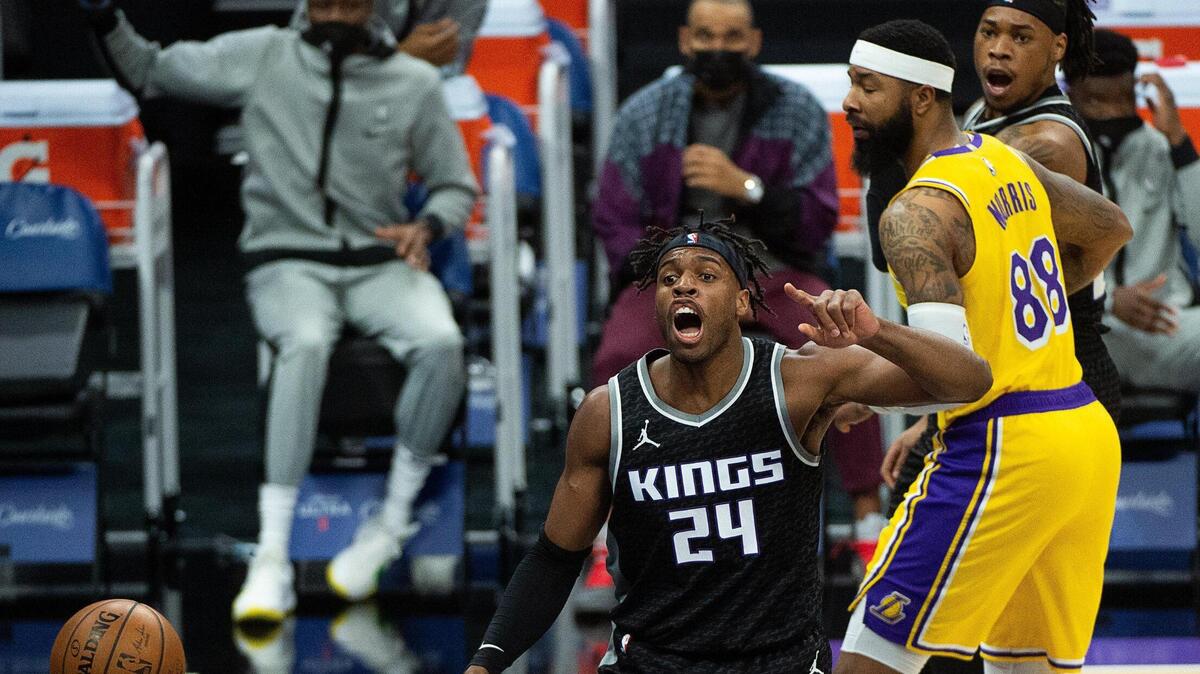 Sacramento Kings guard Buddy Hield (24) reacts to out of bounds ball in the first quarter during a game at Golden 1 Center on Friday, April 2, 2021, in Sacramento.