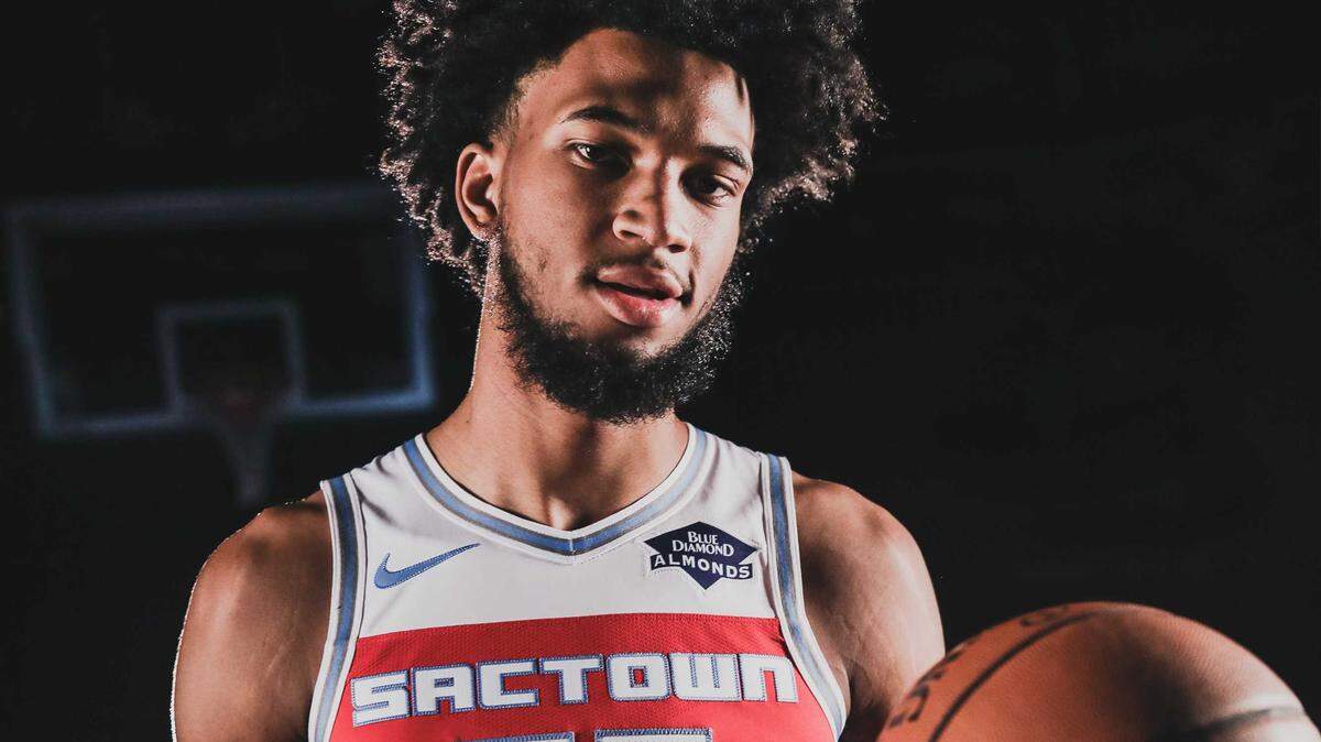 The Sacramento Kings, shown in this photo by Marvin Bagley III, will debut their new red City Edition uniforms when they play the Denver Nuggets in their next home game Nov. 30 at Golden 1 Center. They have white lettering with baby blue and gray trim.
