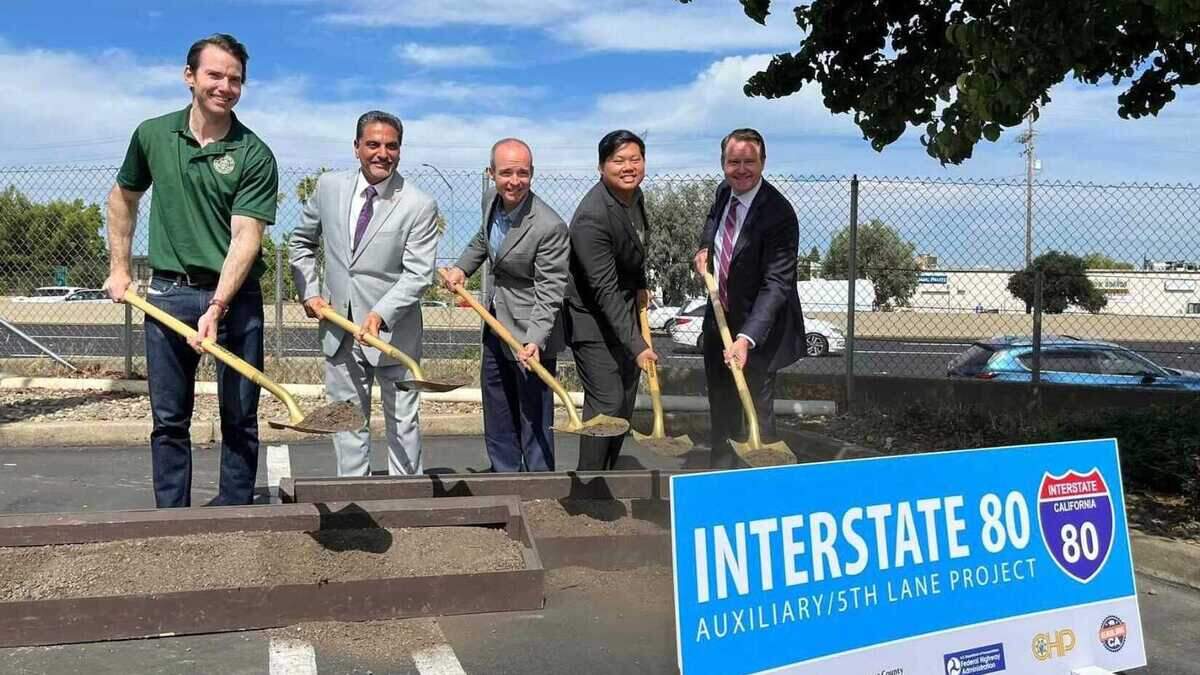 U.S. Rep. Kevin Kiley, left, Assemblyman Joe Patterson, center, and Placer County officials attended a groundbreaking ceremony Tuesday for an auxiliary project on Interstate 80 in Roseville and Rocklin.