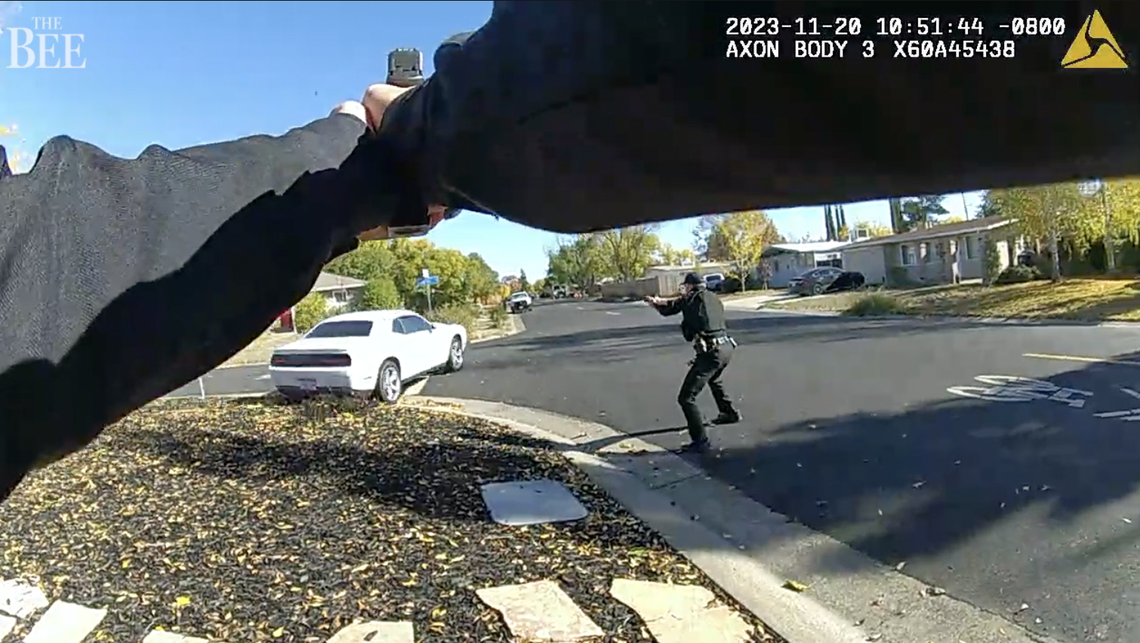 In a video of body-worn camera footage released by the Sacramento County Sheriff’s Office, a deputy is seen drawing his service firearm as a woman flees deputies on Nov. 20 on Malaga Way in Rancho Cordova. The Sheriff’s Office said deputies fired a total of 10 shots as Kyrieanna Liles drove away during the incident. Liles, who remains in jail custody, is suing the Sheriff’s Office and the deputies over the incident in which she was wounded.