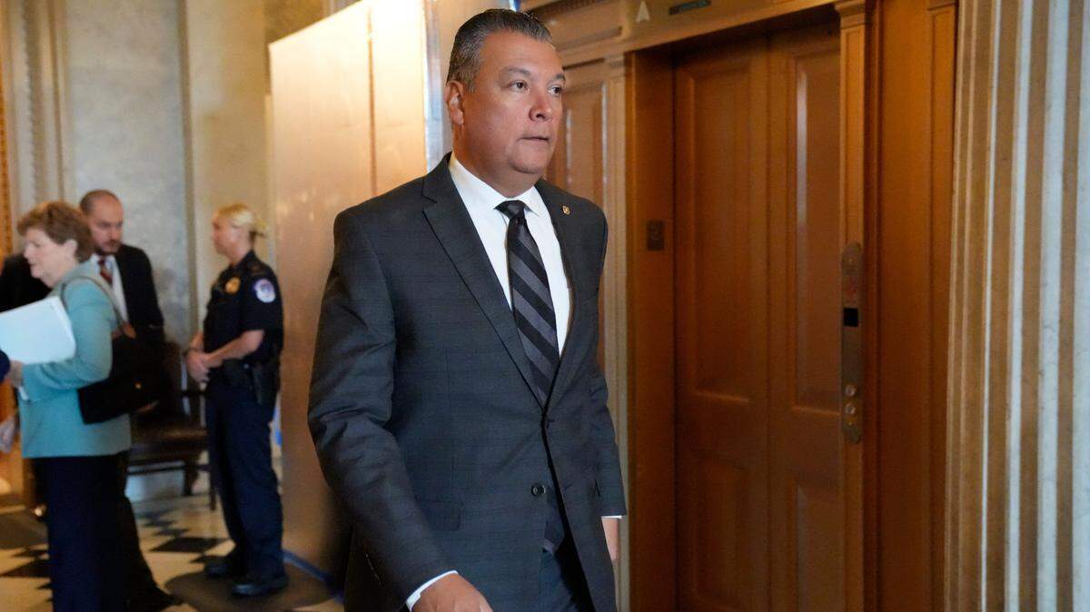 Sen. Alex Padilla, D-Calif., walks through the U.S. Capitol on Sept. 29, 2023.