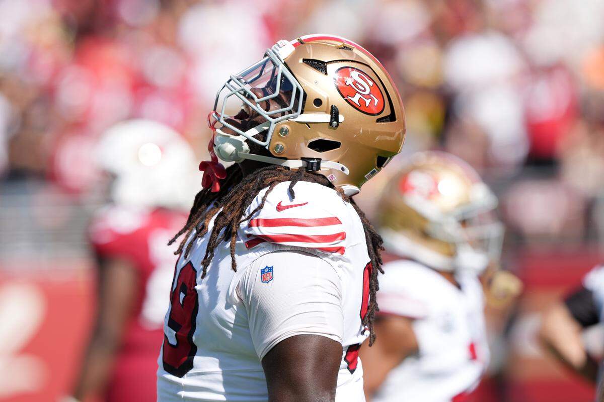 SANTA CLARA, CALIFORNIA - SEPTEMBER 21: CJ West #99 of the San Francisco 49ers celebrates after a play against the Arizona Cardinals during the fourth quarter at Levi's Stadium on September 21, 2025 in Santa Clara, California. (Photo by Kavin Mistry/Getty Images)