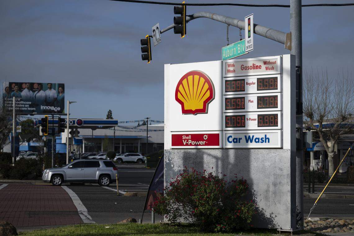 Gas prices rise above $5 per gallon at gas stations at the intersection of Auburn Boulevard and Greenback Lane in Citrus Heights on Tuesday, March 10, 2026. Prices are now about 10 cents higher in the Sacramento area, compared to a month ago.